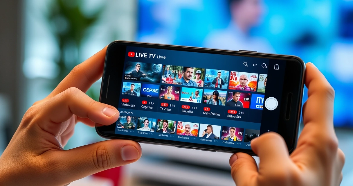 IPTV no celular — smartphone exibindo aplicativo de streaming